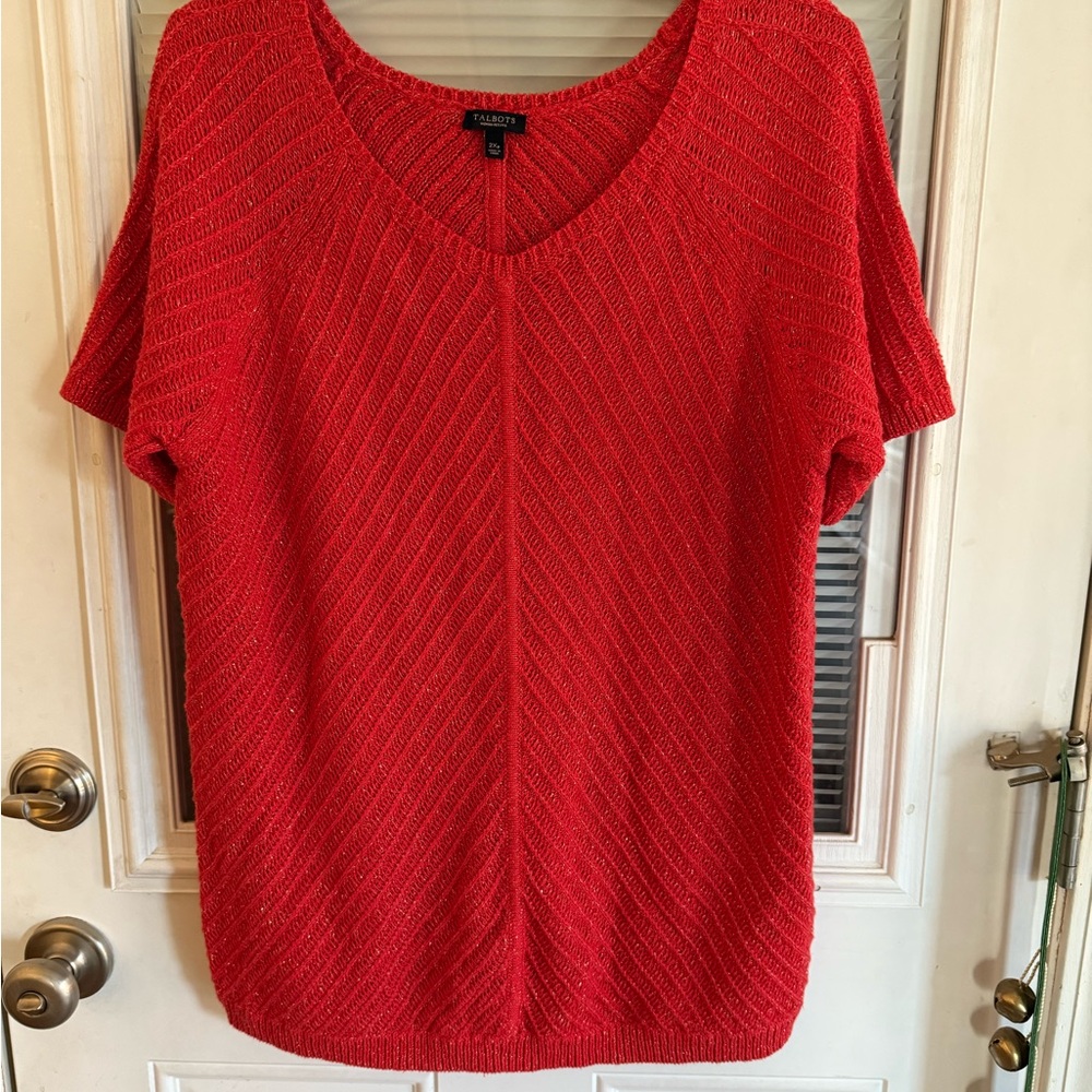 Talbots Bright Red Knit vneck Sweater Short Sleeve Gold Threaded Holiday Festive